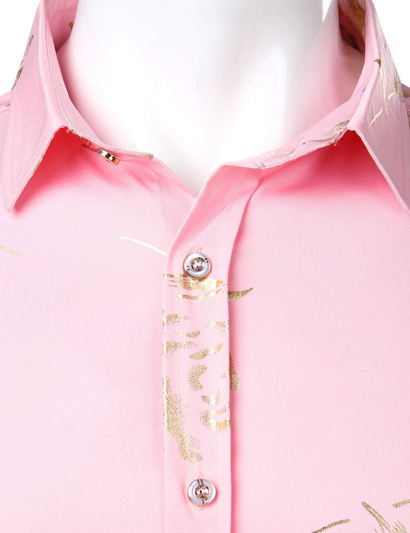 ZEROYAA Mens Hipster Gold Rose Printed Slim Fit Long Sleeve Dress Shirts/Prom Performing Shirts Z56 Pink Large - Image 3